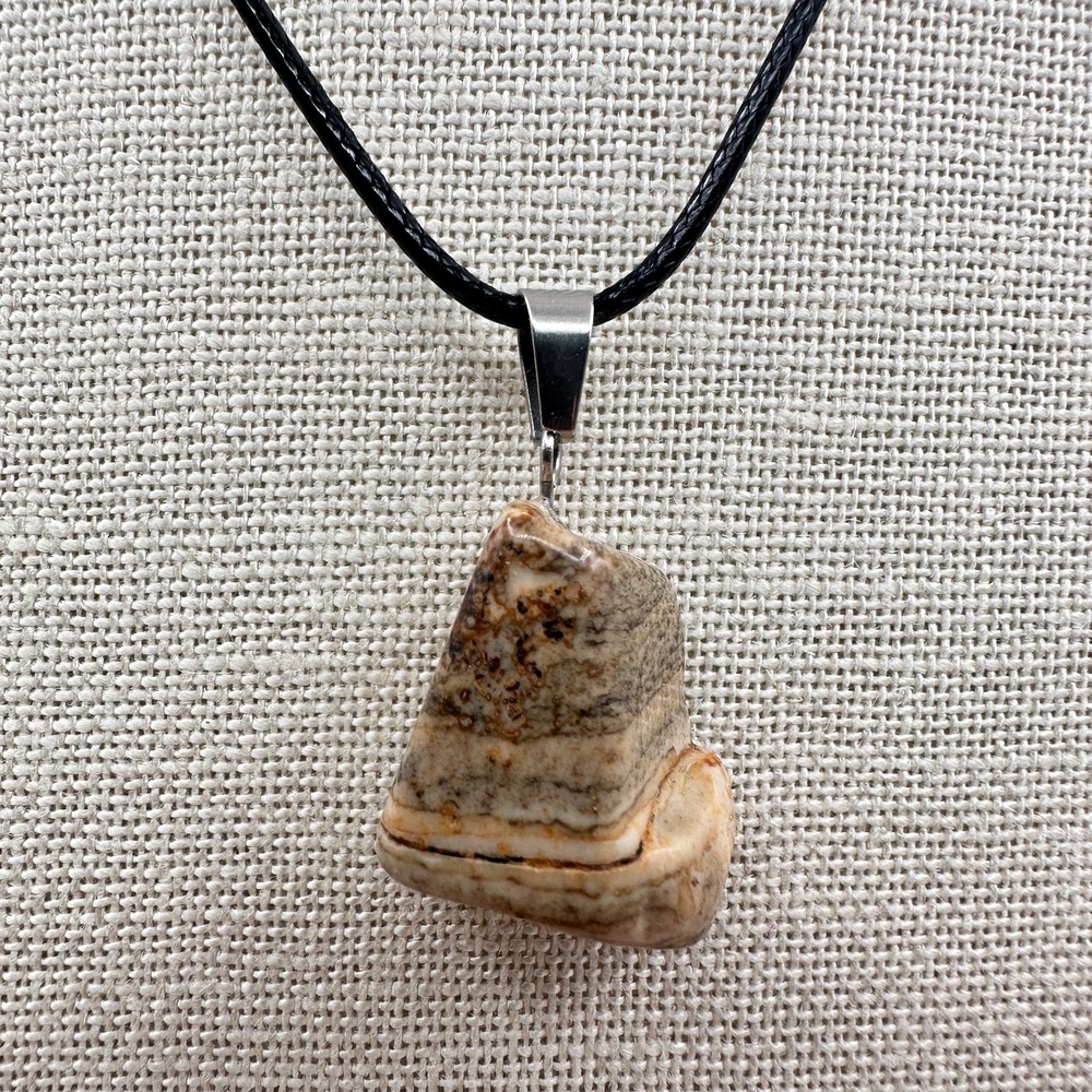 Vintage 90s Earth Tone Jasper Stone Pendant Black Cord Necklace Boho Jewelry